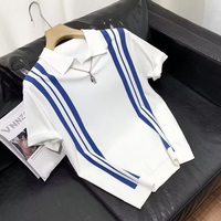 IStapromo hadiah musim panas rajutan es sutra Polo kemeja kasual Slim Fit kasual setengah lengan bergaris kontras lengan pendek untuk pria