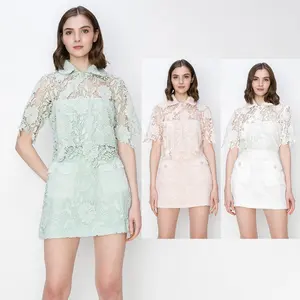 Hollow Out Soft Wear See Through Designs Flower Lace Blouse Skirt Set 2 Pieces For Women