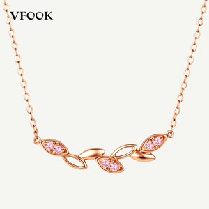 Collar VFOOK con Colgante de Hoja y Ramas con Gemas, Oro Sólido de 14K y 18K, Joyería Fina Inspirada en la Naturaleza, Color Rosa, para Mujer - Product Image 1
