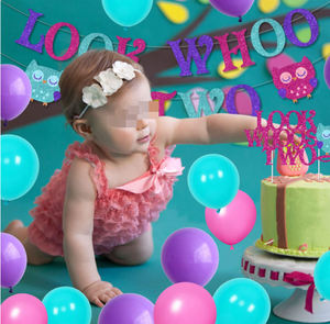 Décorations <span class=keywords><strong>de</strong></span> fête d'anniversaire 1ère et 2ème anniversaire sur le thème du Hibou : Bannières suspendues 'Whoo Is TWO', Guirlande <span class=keywords><strong>de</strong></span> drapeaux, Ballons en latex à l'hélium, Décorations pour cupcakes et gâteaux - Product Image 5