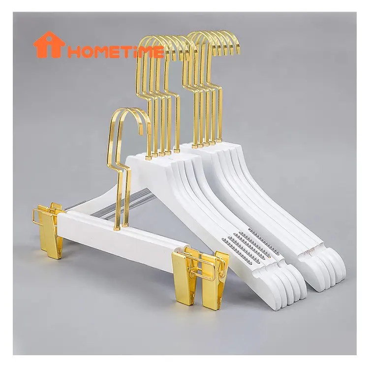Luxury Brand Custom Logo Wooden White Hangers Store Clothes Hanger with Metal Gold Hook