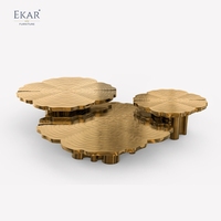 Ensemble de table basse de salon de style moderne : en laiton, design inspiré des tranches d'arbre avec des couches superposées