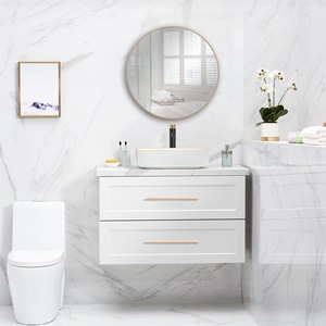 Modern minimalist <b>floating</b> bathroom vanity white sink and round mirror hanging cabinet - Product Image 6