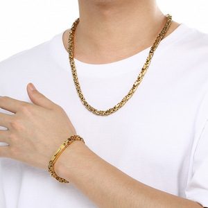 Hip Hop 6mm 8mm Byzantine Chain <strong>Link</strong> Gold and Steel Waterproof Stainless Steel Byzantine Necklace Bracelet Jewelry Set - Product Image 4