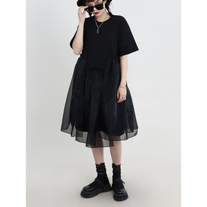 Nouvelle Robe Courte Noire Chic Française 2026 pour l'été, Style Patchwork Bouffant, Coupe Ample, Manches Courtes Bouffantes, Mini-Robe de Créateur - Product Image 4