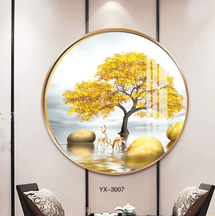 Light Luxury Wall Art Deer Golden Tree Landscape Picture Living Room Decoration Crystal Porcelain Painting