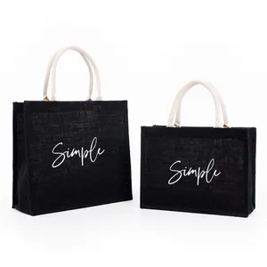 Custom Logo Blank Beach Black Burlap Handbag Eco-friendly Jute Reusable Medium Size Jute Tote Bags for Woman Gifts