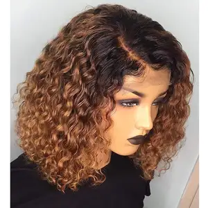 Pelucas delanteras de encaje para las mujeres negras pelo humano 1b/27 Ombre rubio miel Bob corto pelucas de pelo brasileño de la Virgen rizado Bob pelucas