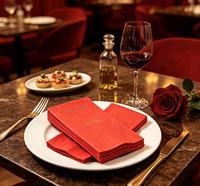Serviettes de table jetables en papier Airlaid rouge vif, style sac, avec logo personnalisé, pliées en 8, pour cocktails, fêtes, événements, cafés et bars
