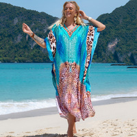 Robes Kaftan Grande Taille d'Été Coupe Ample Maxi pour la Plage et les Tenues de Vacances, Cache-Maillots Imprimé Léopard en Viscose/Coton Séchage Rapide