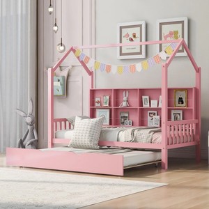 Kids House <span class=keywords><strong>Bed</strong></span> Montessori Floor <span class=keywords><strong>Bed</strong></span> House Floor <span class=keywords><strong>Bed</strong></span> con nido y estante de almacenamiento, Full/Twin Size - Playhouse Design - Product Image 5