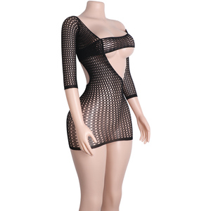 Body en dentelle Mini robe Manches longues Sheer Fishnet Erotic Clubwear Festival Shiny Performance Exotic Dancer Outfit - Product Image 3