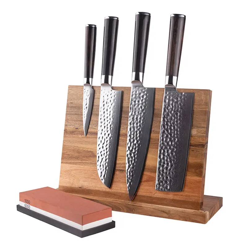Professional High Carbon Damascus Kitchen Cooking Knife Set Chef Santoku With Magnetic knife block and Knife Sharpening Stone