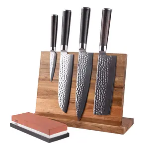 Ensemble de couteaux de cuisine professionnel à haute teneur en carbone damas Chef Santoku avec bloc de couteaux magnétique et pierre à aiguiser les couteaux