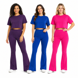 Women's 2-Piece Yoga Set Crew Neck Short Sleeve <b>Cropped</b> Top High-Rise Flared <b>Leggings</b> Solid Color Stretch Fabric Front Seamless - Product Image 2