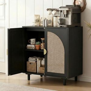 Buffet en rotin noir à <span class=keywords><strong>2</strong></span> <span class=keywords><strong>portes</strong></span> en cannage, style bohème, en bois, pour bar à café, salon, cuisine, couloir (1 pièce) - Product Image 3