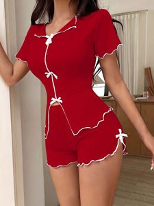 Conjunto de Pijamas Femininos com Laço, Camiseta de Manga Curta e Shorts, Roupas de Dormir em 2 Peças para Mulheres, Casual de Verão, Confortável para Uso em Casa - Product Image 6
