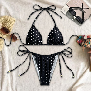 Bikini sexy à carreaux pour femmes, ensemble deux pièces, col halter, maillot de bain, vacances à la plage, spandex/coton - Product Image 1