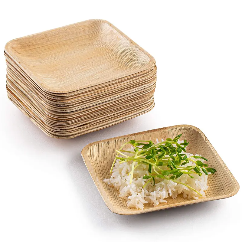 Индивидуальная упаковка, обеденные тарелки с пальмовым листом, биоразлагаемые бамбуковые тарелки с пальмовым листом, одноразовые прочные круглые/квадратные праздничные тарелки