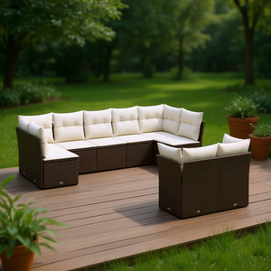 Conjunto de sofá de jardín de ratán blanco crema y marrón con cojines, 6 plazas, muebles de exterior, diseño contemporáneo - Product Image 2