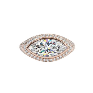 Bague en or 9k, 14k, 18k avec diamant taille marquise serti clos et halo, style Est-Ouest - Product Image 4