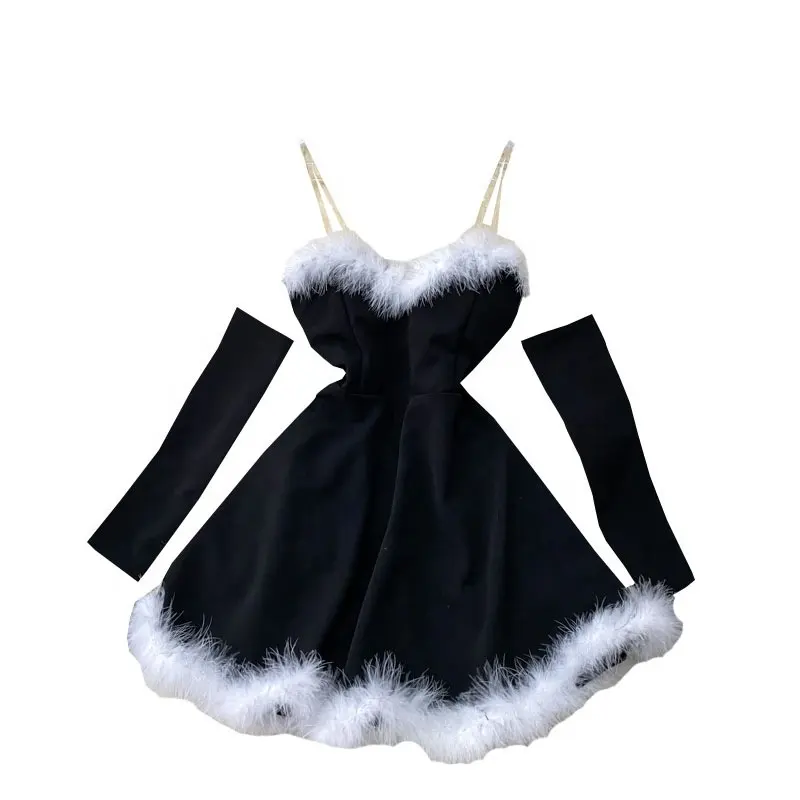Women Elegant Dress For New Year 2022 Strapless Backless Furry Sexy Short Mini Christmas Dress Navidad Red Party Dress Femme