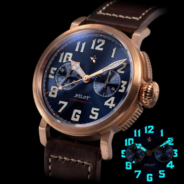 Custom Limited Edition Luxury Sapphire CUSN8 Bronze C3 Luminous Chronograph Mechanical Automatic Movement Pilot Watch for Sale