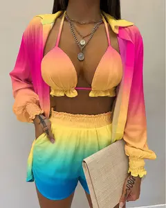 New 3 piece tropical printed lantern sleeve shirt with biker shorts sets plus size paired with exposed navel strap women's sets