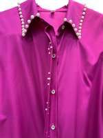 Robe chemise décontractée pour femme toutes saisons à manches longues, col orné de perles, coupe ample, longueur midi avec poignets scintillants