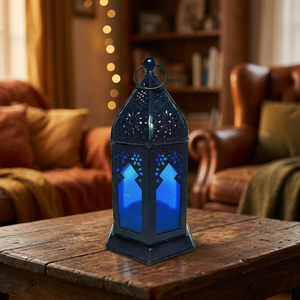 Linterna de diseño marroquí de Metal de latón AK en polvo negro recubierto acabado con vidrio azul para decoración de Diwali/Decoración de Hotel - Product Image 2