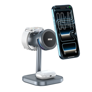 แท่นชาร์จไร้สายแม่เหล็กอเนกประสงค์ 3 in 1 สำหรับวางบนโต๊ะทำงาน  กำลังไฟ 25W ชาร์จเร็ว พร้อมพัดลม RGB TEC และไฟกลางคืน - Product Image 1