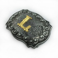 Boucle de ceinture de cowboy vintage en alliage, bicolore or, avec initiale et motif floral en relief, style western, accessoires