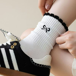 Women's Mid Calf <b>Socks</b> Grey White Bow Lace Breathable Autumn Winter Style - Product Image 3