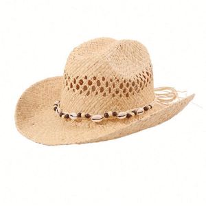 Nouveau Chapeau de Soleil d'Été Fait Main en Paille de Raphia, Style Cowboy, Design Creux, Chapeau de Plage Décontracté avec Décoration Coquillages - Product Image 5
