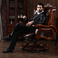 Style chinois luxe patron président chaise de bureau en cuir véritable accoudoirs en bois chaise inclinable pivotante