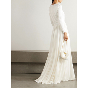 Elegante abito <span class=keywords><strong>Midi</strong></span> bianco a maniche lunghe da donna in cotone leggero con stratificazione Casual da ufficio frontale abbottonata - Product Image 4