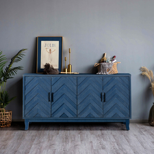 Buffet de salle à manger vintage Retroy à 4 portes, armoire de rangement bleu marine de 60 cm avec portes à panneaux en forme de M et base en bois massif - Product Image 1
