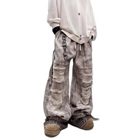 Jean baggy déchiré gris délavé pour homme SOONREE, avec empiècements et jambe large, en denim, avec sangle à boucle, style streetwear
