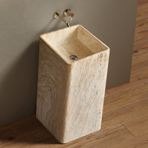 Lavabo travertino amarillo-Fregadero de pedestal de piedra artificial, Cuadrado independiente para hotel y hogar - Product Image 3