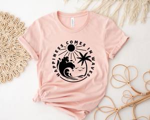 Camiseta OEM ODM Happiness Comes In Waves, Camiseta con Estampado de Olas, Camiseta para Vacaciones de Verano, Camiseta de Playa y Mar, Camiseta de Verano Personalizada 2023, Camiseta para Amigos - Product Image 5