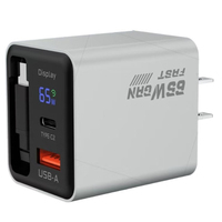 Pengisi Daya Cepat GaN 65W dengan Port 1A+1C dan Kabel Retractable Layar Digital untuk Pengisi Daya Laptop