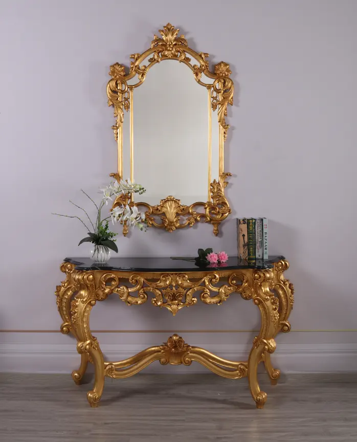 כניסה זהב ישן צרפתית עתיק עיצוב קונסולת שולחן ומראה סט