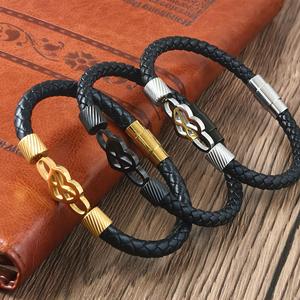 Bracciale Unisex alla Moda in Acciaio Inossidabile <span class=keywords><strong>Serie</strong></span> 8 con Corda in Pelle Intrecciata - Product Image 2