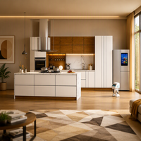 Îlot de cuisine ARET de luxe en bois blanc mat avec dessus en pierre et éclairage LED OEM