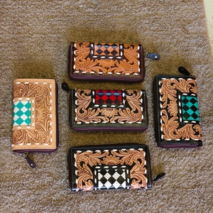 Leather Were Designer Luxury Hand Tooled Carving Cowhide Wristlet Clutch <b>Wallet</b> RFID Protection Large Capacity Button in bulk - Product Image 3