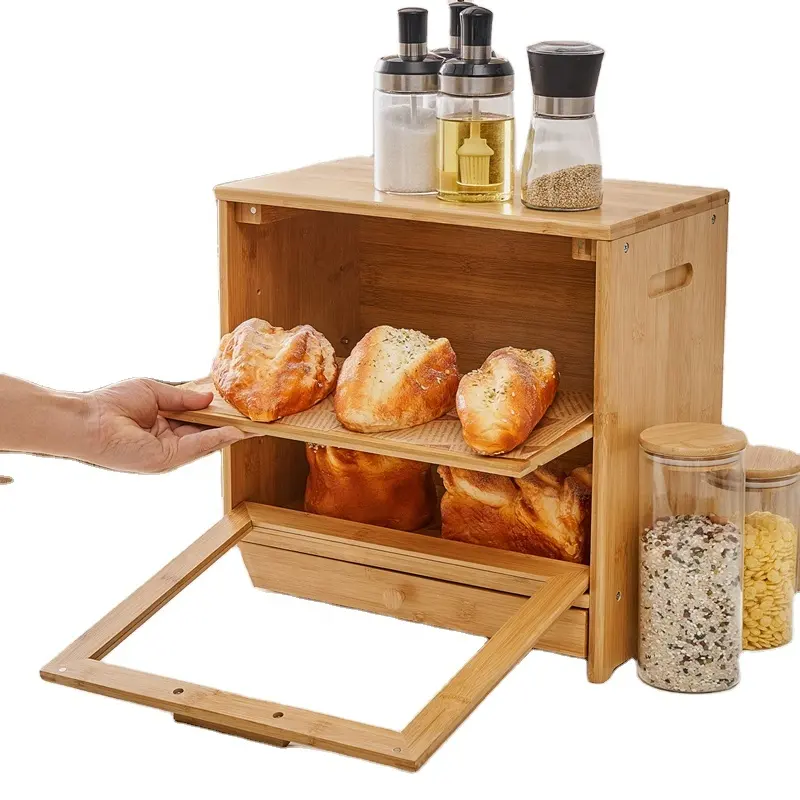 Caixa de pão de bambu, de bambu de alta qualidade, com tampa dobrável, 2 camadas, caixas de pão de madeira para bancada de cozinha