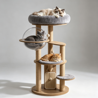 Arbre à chat BurlTower 155 cm, finition bois de bruyère, moderne, vertical, griffoir en sisal, bol en acrylique transparent, perchoirs rembourrés, double carton