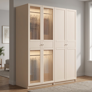 Armario con Puertas de Vidrio Color Crema, Puertas con Bisagras, Gran Capacidad, Mueble de Almacenamiento para Dormitorio - Product Image 3