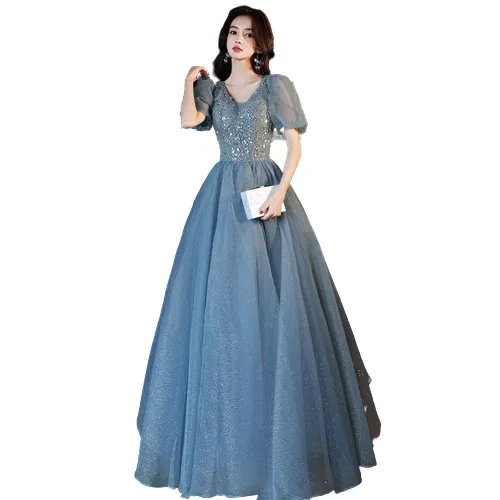 Neue Frauen Abendkleid Schwerindustrie Fee Pailletten elegante Prinzessin Bankett Kleid Bankett Host Performance Kostüm