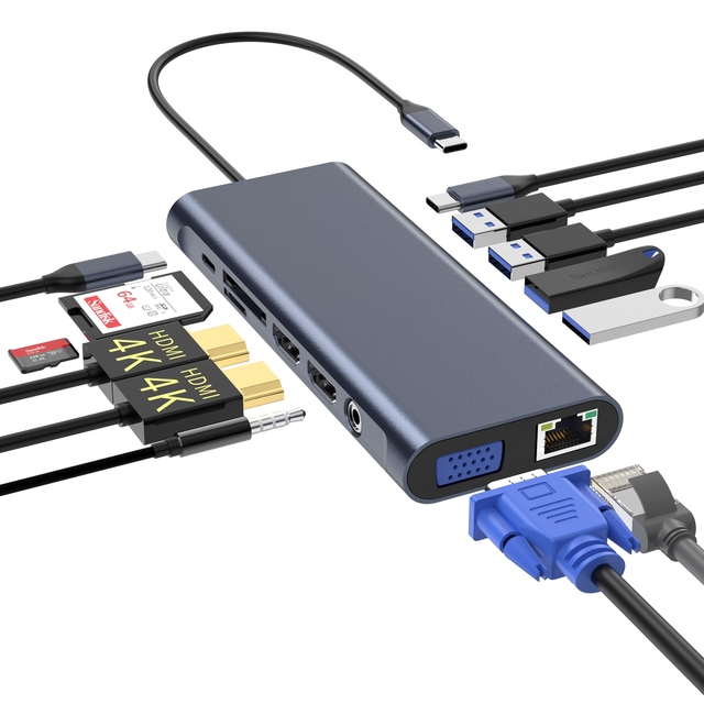 18 in 1 Strong Function Thunderbolt 4 Docking Station with Dual HD 4K DP 8K VGA USB 3.1 10Gbps USB HUB 240W DC Adapter